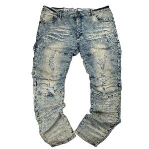 Reason Jeans Men's 44 Blue Denim Cotton Stretch Distressed Mid-Rise Straight Leg